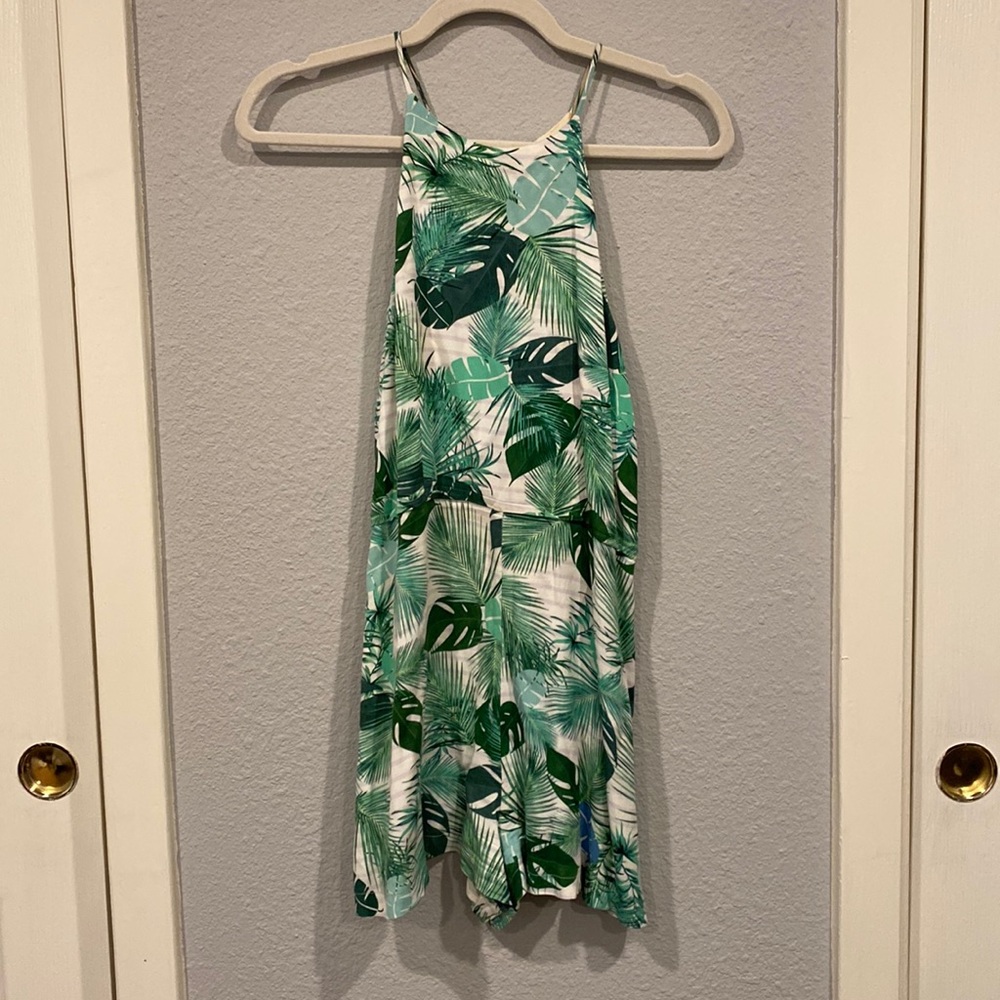 DO+BE tropical green and white striped high neck romper resort wear